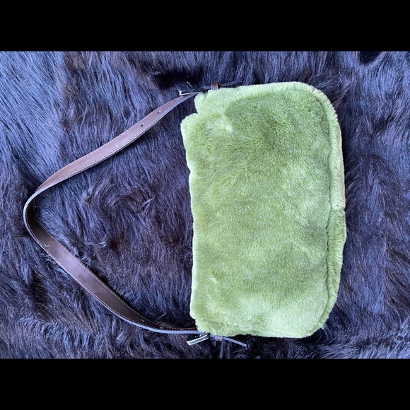 Fuzzy Furry green purse with brown handle. - Picture 2 of 5